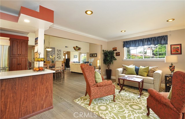 Family Room Seating Area with Smooth Ceilings, Recessed Lighting and New wide plank White Oak distressed Floors