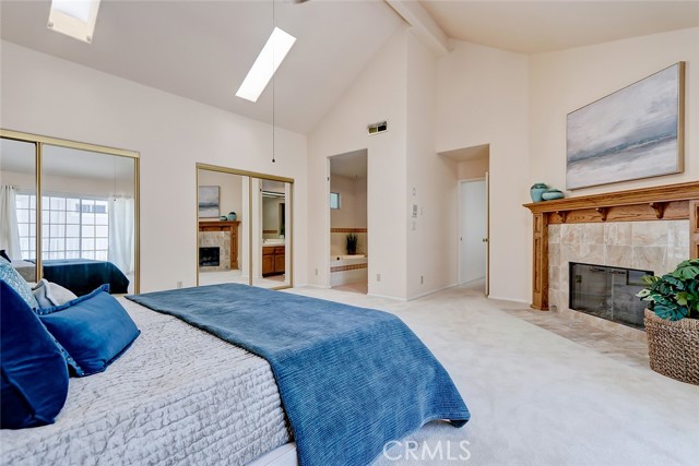 Master bedroom with vaulter ceiling and skylights