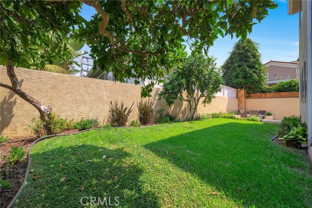 Landscaped backyard with fruit trees.