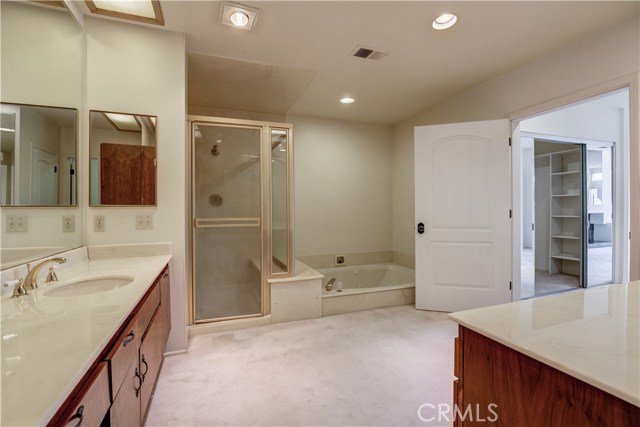 2 sinks on 2 separate countertops, shower with 2 shower heads, 2 toilets, bidet, jetted tub and a peak into one of the walk-in closets.  Look at those gorgeous doors throughout the house.