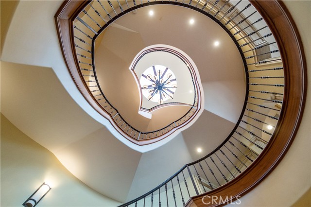 View from the bottom floor up to the cathedral ceiling on the entry floor.