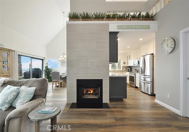 A view of the fireplace from the living room