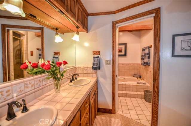 The master bath features dual sinks and a separate area with jetted tub and large walk in shower.