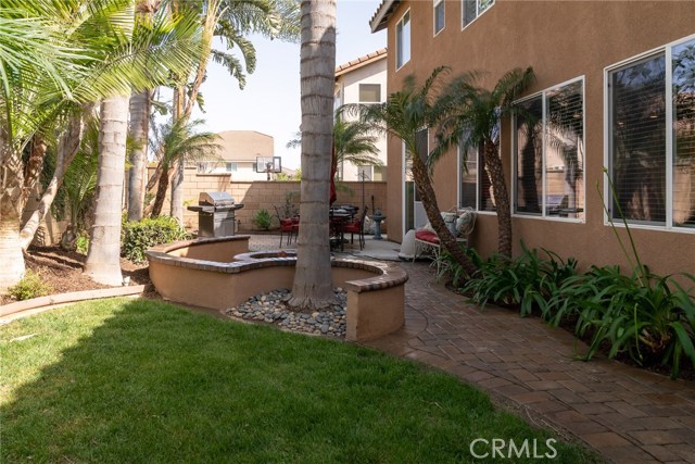 Lush landscaping in back yard with automatic sprinklers