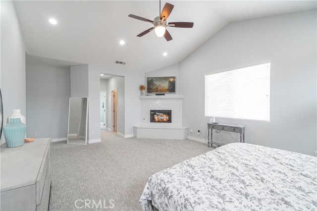 Master suite view of fireplace and master bath