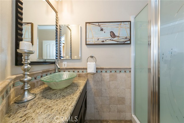 Remodeled downstairs bathroom with leaf-shaped sink, granite countertop, personally selected mirror & shower.