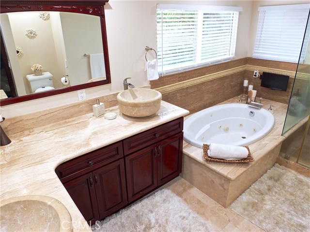 Master bathroom with double sinks, jacuzzi tub, and stall shower