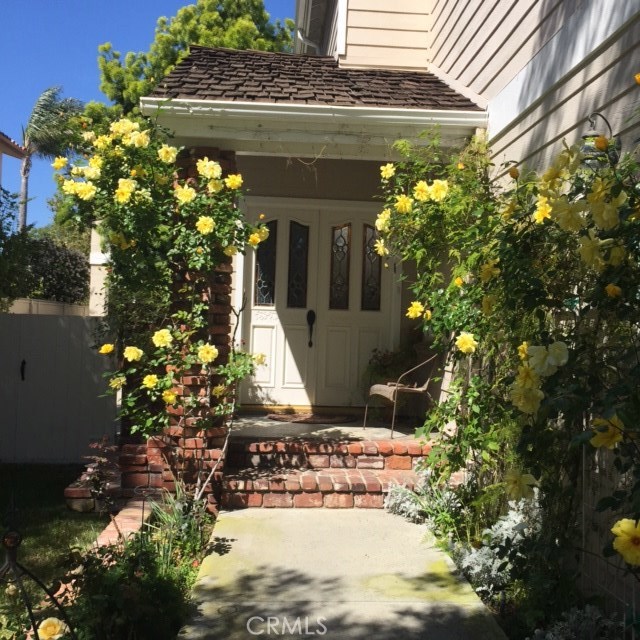 Front door with roses in bloom