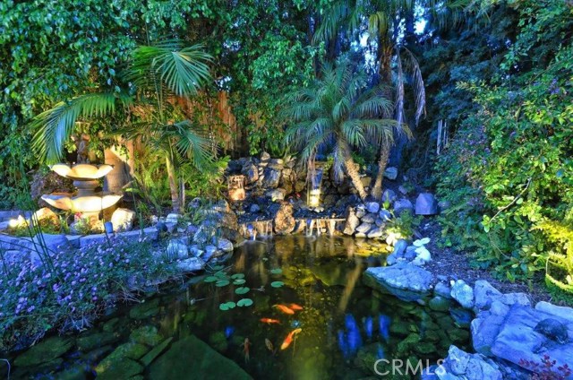 Evening View of Lighted Fountain and Pond with 6 Koi Fish.