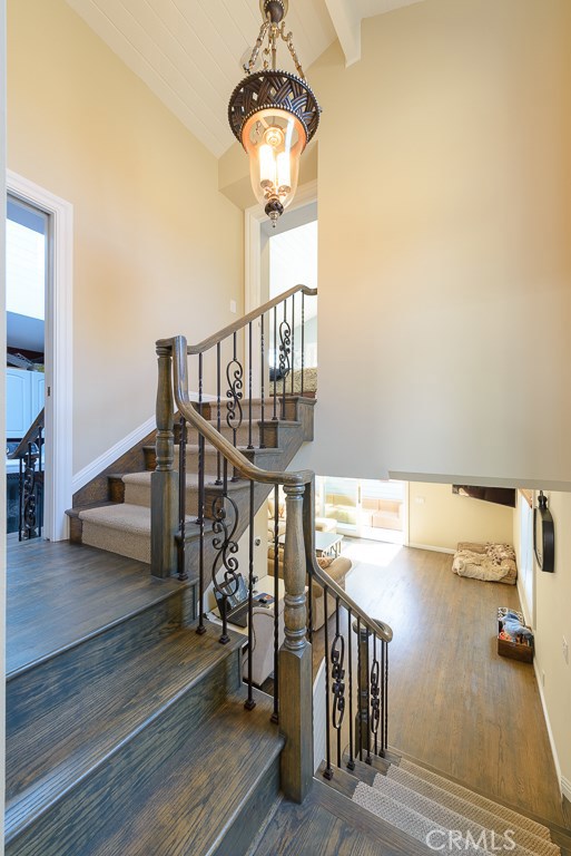 Stairway to master suite (up) and family room (down)