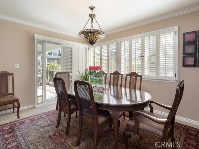 Beautiful plantation shutters enhance the dual pane windows and slider.  Tiffany chandelier is one of two in the living/dining room.