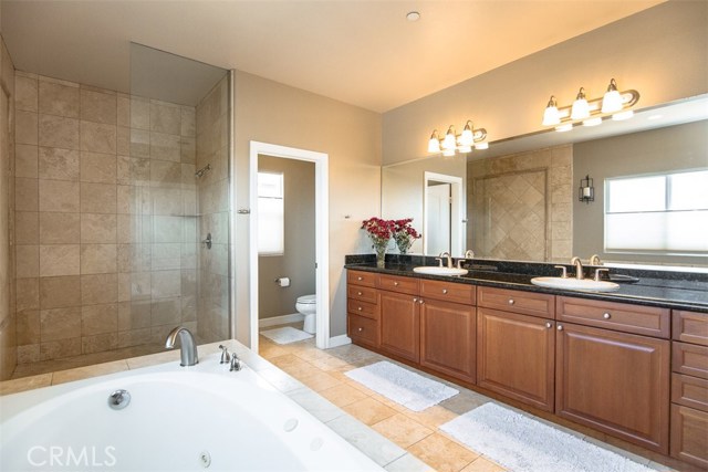 Gorgeous master bath with double sinks, walk in shower, separate tub, and private toilet room