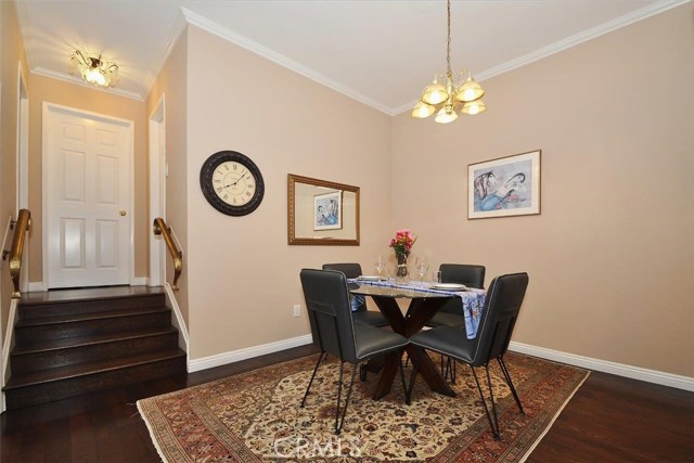 Separate Dining area is located just off the Living room and adjacent to the remodeled kitchen. There are only 4 interior steps inside this one level unit. These lead to the bedrooms and baths.