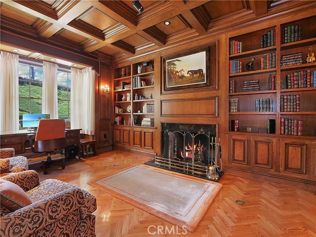 a stunning library with fireplace