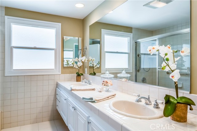 Remodeled hall bath with tub.