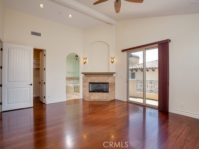 Another view of master bedroom. Beyond the door is the walk-in closet with organizers.  Beyond the arch is the well-appointed master bath.
