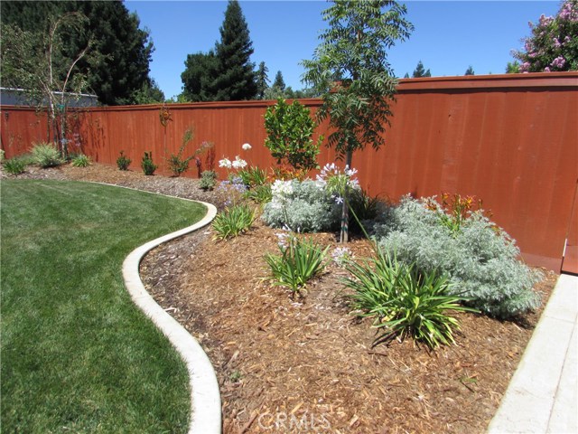 View of newer landscaping with fence and mow strip.