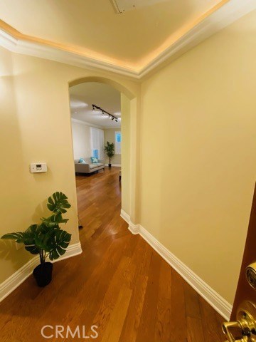 Entryway with Brown Moldings & Baseboards. Arched Doorway. Wood Floors.