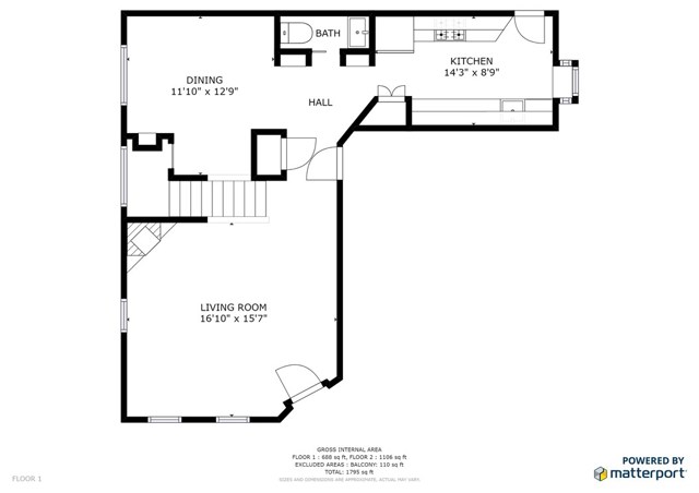 Floor 1 - Plan does not show the 2 car garage to the right of the living room.