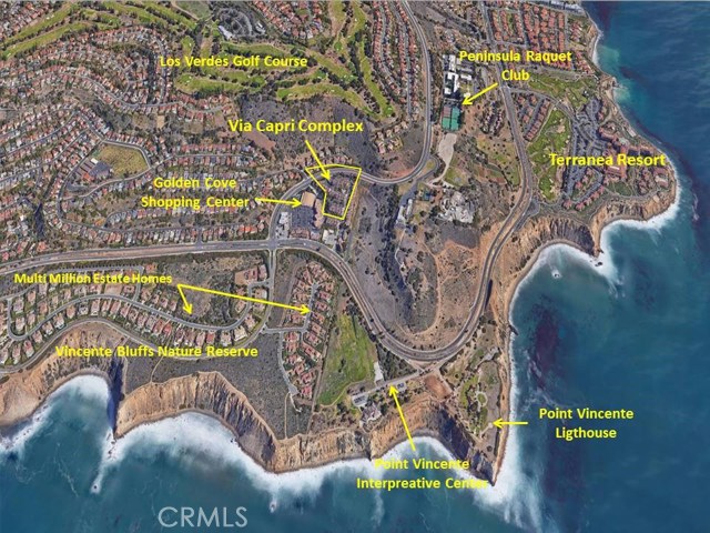 Arial Location and proximity of the Via Capri gated complex to local landmarks, golf courses, Tennis clubs and the Terranea Resort.