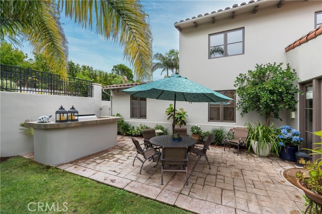 Patio off of the family room has built in BBQ kitchen area and lush yard!