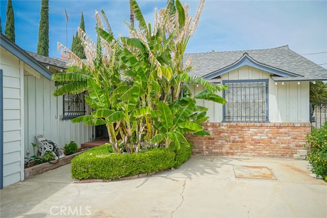 The front porch is hidden by lovely banana trees. They help keep the front of the home cool, and create privacy.