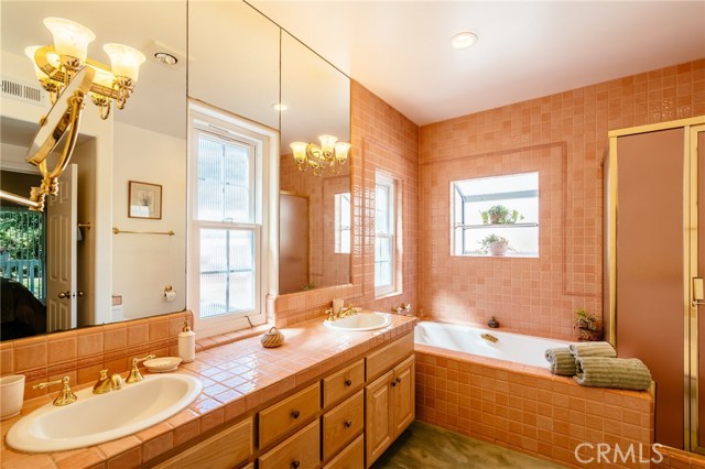 Master bath with double sinks, separate tub and shower