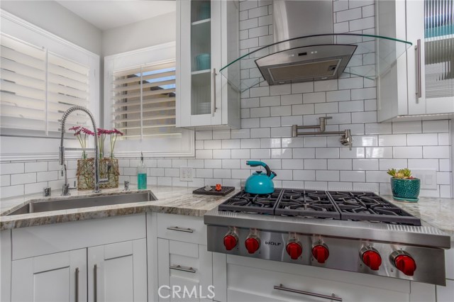 Wolf 6-burner gas cooktop, pot filler faucet, deep kitchen sink.