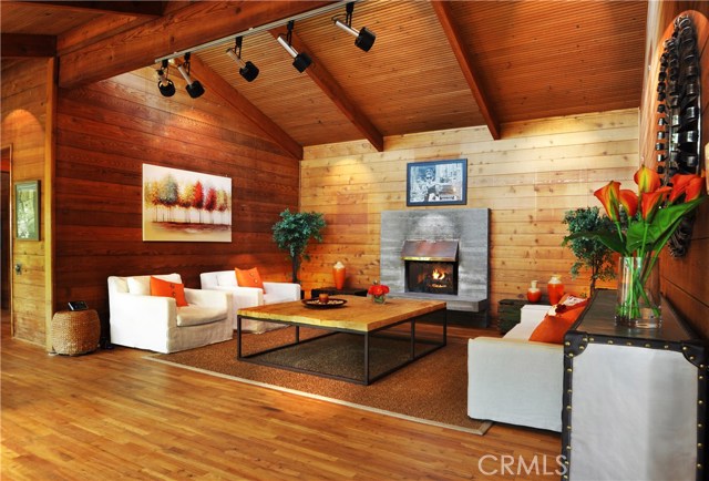 Living room with vaulted ceiling and skylights