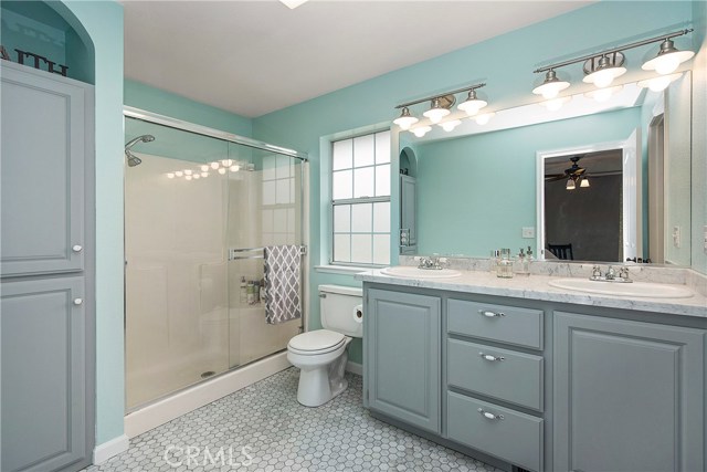 Completely remodeled and modern master bathroom, complete with linen closet and walk-in closet (not pictured)