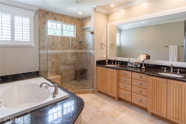 master bath with large shower, bathtub with jacuzzi jets, double vanity