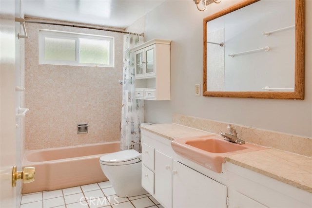 Full hall bathroom with dual-flush, low-flow toilet.