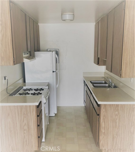 Kitchen with fridge, gas range, range hood, and dishwasher