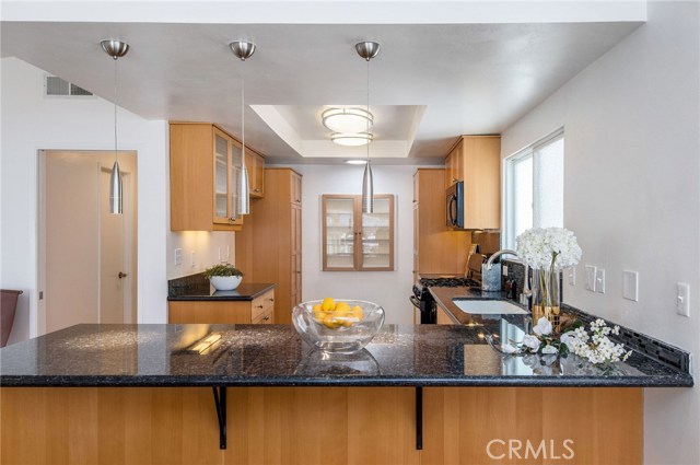 A clean, blank canvas for your culinary adventures. Granite counter-top, new stainless steel pendant lighting, fresh paint with ample recessed lighting on dimmers allows for strong or pure romantic mood lighting.