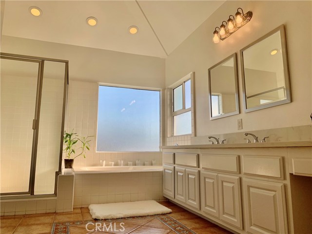 The en-suite master bathroom with separate shower, jetted tub, a long quartz counter with double sinks, and private toilet. This bathroom is one of the largest in the neighborhood.