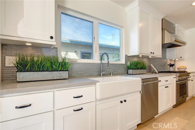 Farm sink, mosaic glass backsplash, stainless dishwasher, Thermador professional range/stove.