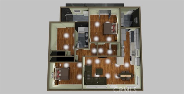 3D rendering of future plan for expansion. Renderings show master bath and walk in closet added to the 3rd bedroom and laundry room off the kitchen. Addition adds an extra 430 square feet to the house.