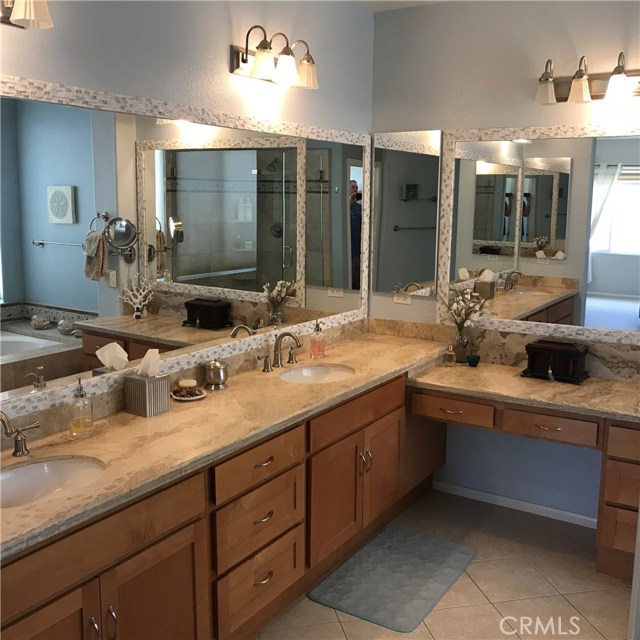 Master bathroom has dual sinks and lots of counter space