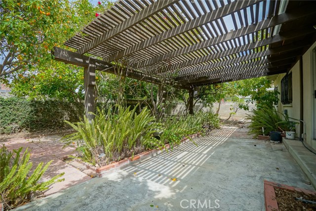 View of the back patio and fruit trees beyond. There are multiple fruit trees in the back gardens of this home.  They include two kinds of oranges (navel & valencia), white grapefruit, red grapefruit, kumquat, lemon, and avocado.