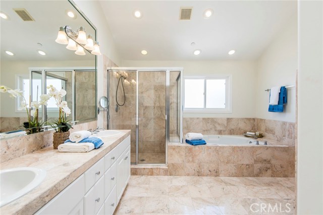 Master bathroom retreat is filled with natural light and vaulted ceilings.