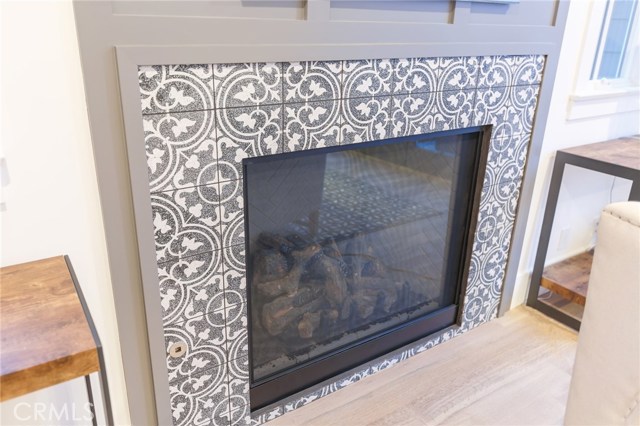 fireplace tile detail in Office area