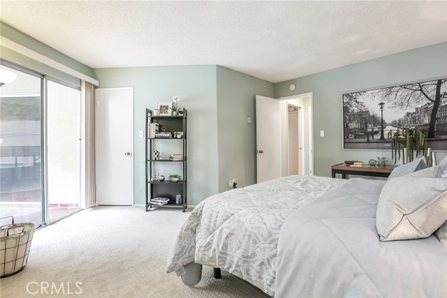 Spacious bedroom has patio access and 2 closets