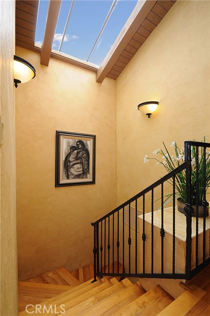 Stairway with wrought iron railing and skylight.