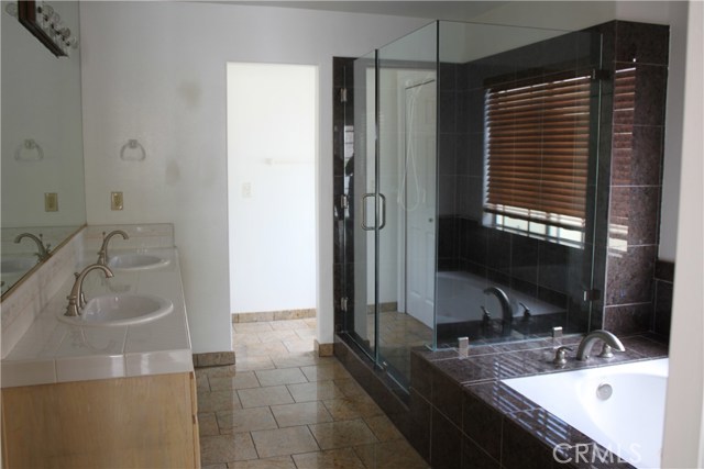 Master bathroom with soaking tub, large separate shower, double sink vanity and private WC