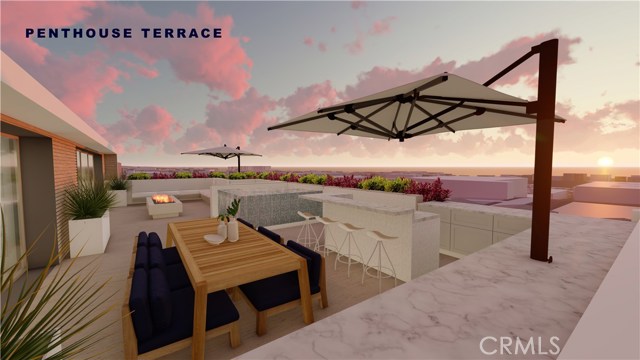 The third-level penthouse terrace with BBQ and built-in seating and optional spa is - quite literally - the zenith of entertaining. Your owner's suite - to the right - opens directly to the dramatic space and its breathtaking views of the Pacific Ocean from Palos Verdes to Malibu.