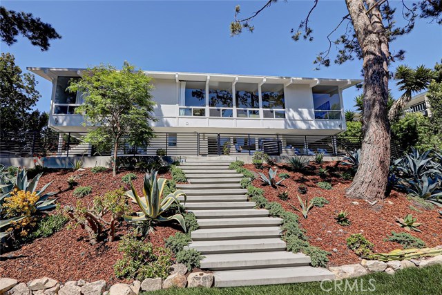 Backyard view of floor to ceiling windows which look out to expansive property.