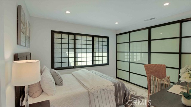 Front bedroom, Shoji Window treatments, custom full wall glass closet sliding doors