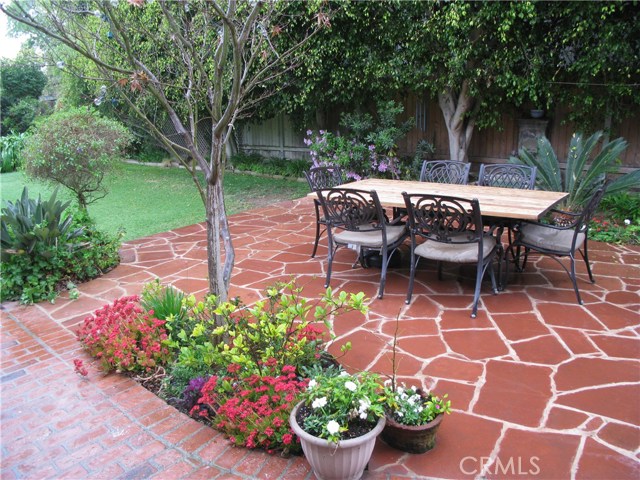 Stone patio in backyard