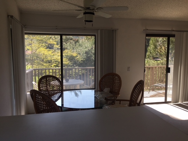 Kitchen overlooking dining area to balcocny with VIEWS.