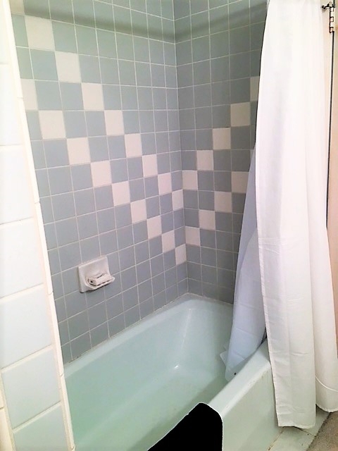 Tub with shower iin master bath.